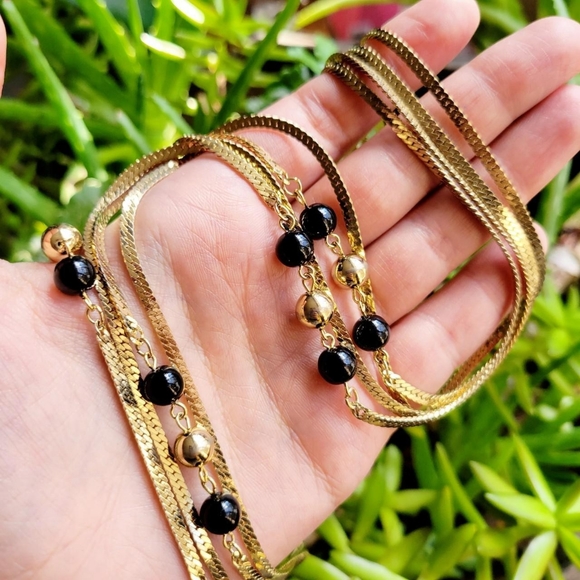 Vintage Jewelry Vintage K Gp Herringbone Double Strand Gold Black